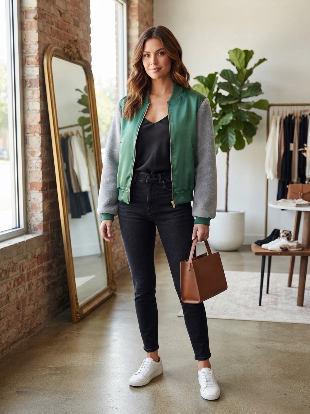 Green Satin Bomber Jacket with Light Gray Plush Sleeves